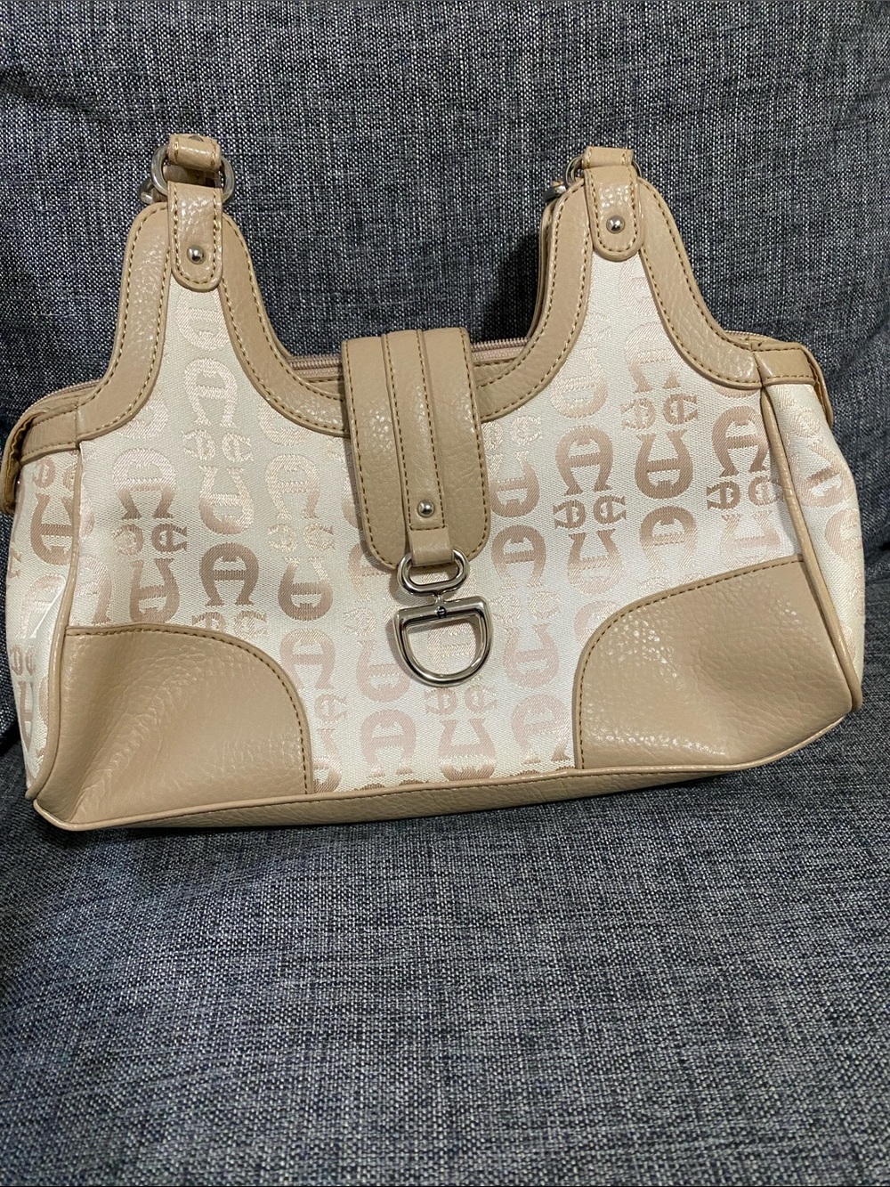 Etienne Aigner Beige Monogram Shoulder Bag with Tan Trim